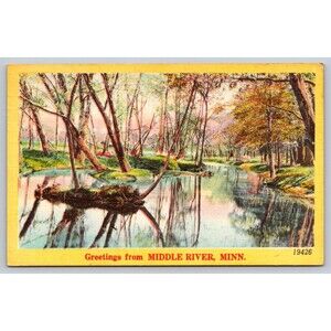 1951 Middle River Minnesota MN Scenic River Trees Vintage Linen Postcard Mailed